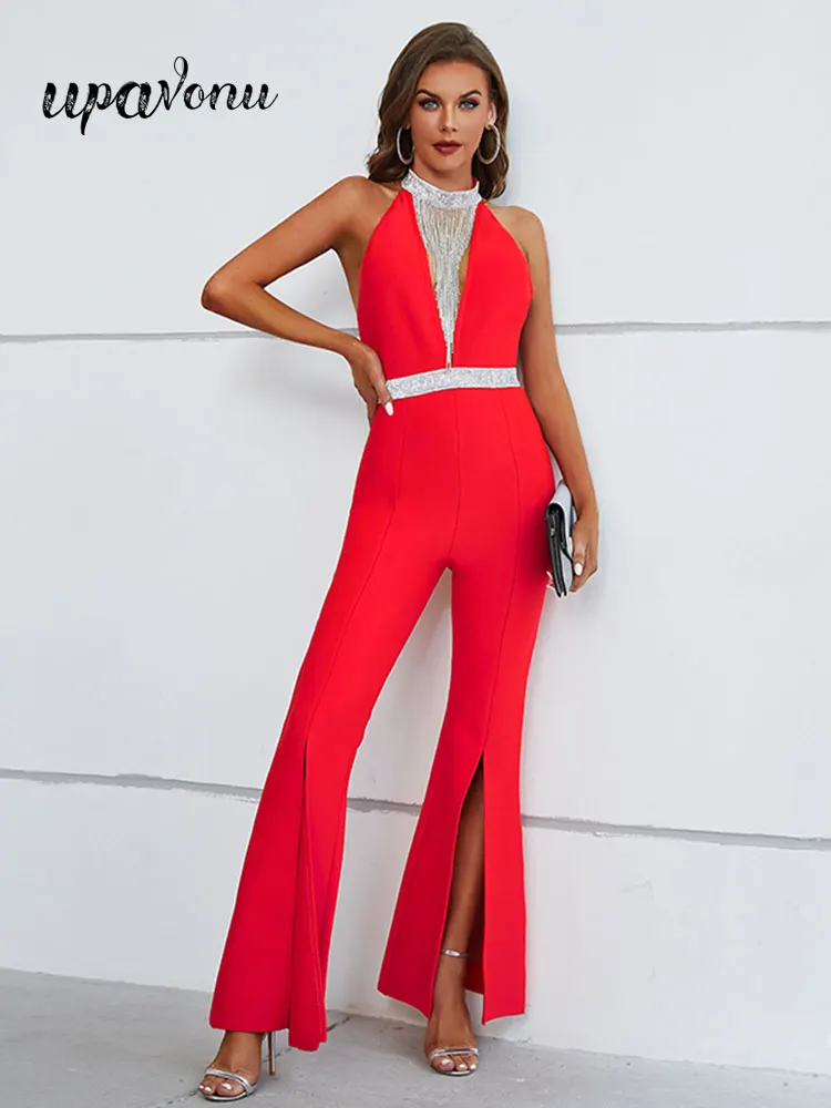 

Женский пикантный комбинезон с бахромой в стиле ретро, Облегающий комбинезон без рукавов с открытой спиной и разрезом, расклешенный комбинезон, вечерний праздничный комбинезон