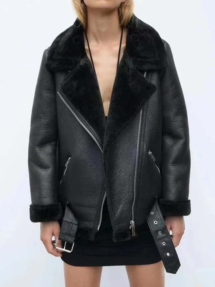 LY VAREY LIN New Winter Thick Warm Sheepskin Pu Jacket Women Fashion Faux Lamb Leather Fur Coat with Belt Moto Biker Outwear