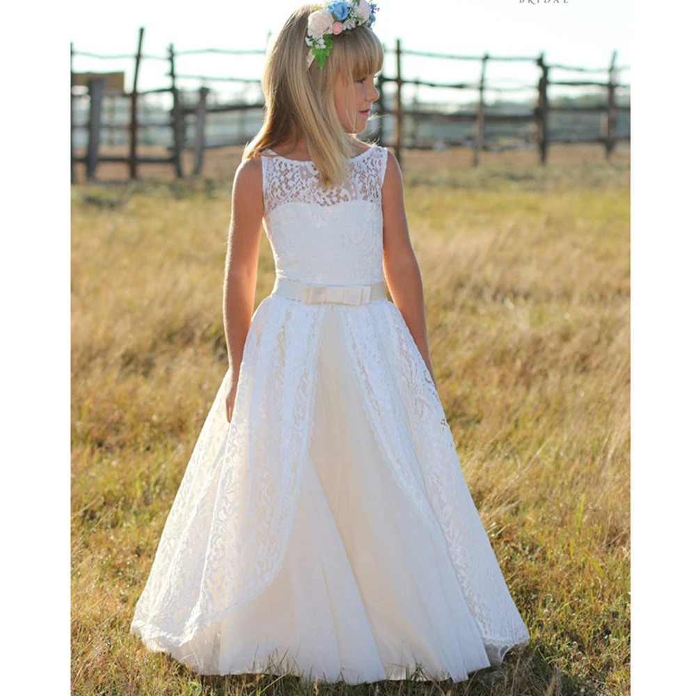 

Flower Girl Dresses Sheer Neck Tiers Wedding Ball Gown for Little Kids Vintage First Communion Pageant Clothing