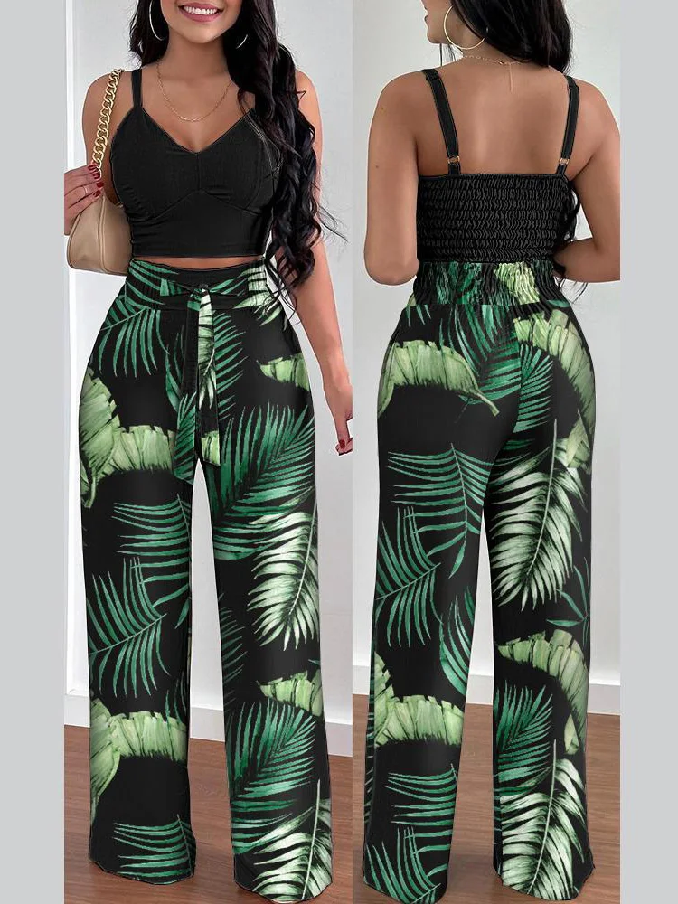 Костюм женский из топа с V-образным вырезом и брюк карманами