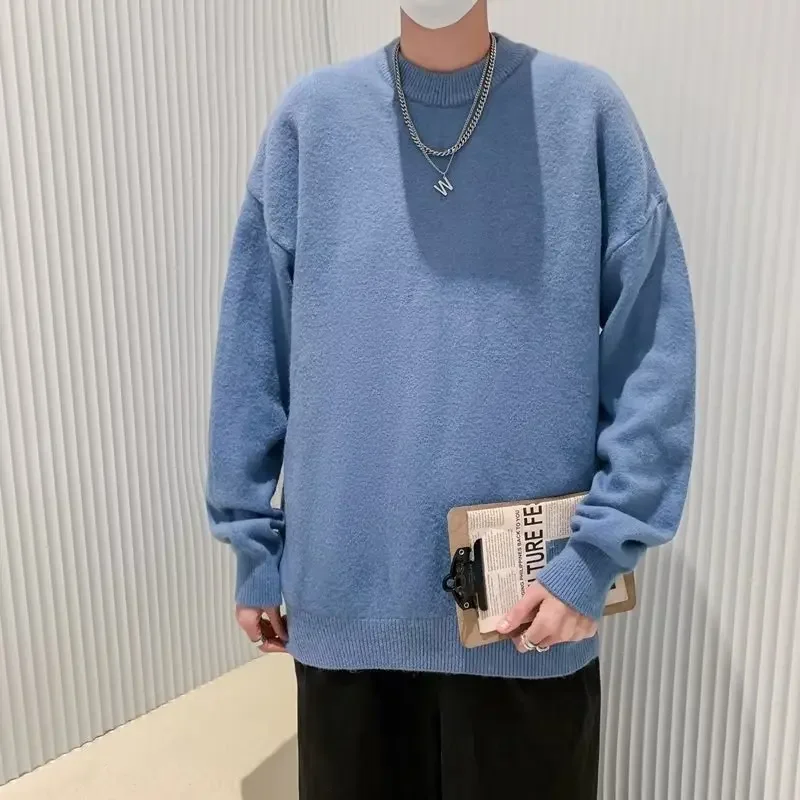 Модный осенне-зимний однотонный свитер с круглым вырезом мужской свободный крой