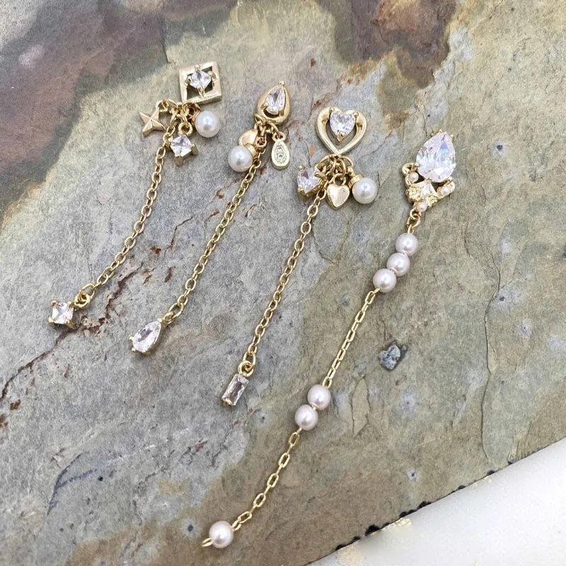 

5Pcs Quality Zircon Nail Tassel Jewelry 4 Shapes Gold Designer Charms With Pearl For Luxury Nail Accessories Long Pendant