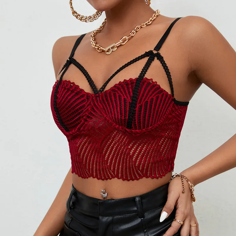 

Женская сетчатая кофта контрастных цветов, ажурный топ с регулируемыми бретельками, облегающий кроп-топ без рукавов, 2022