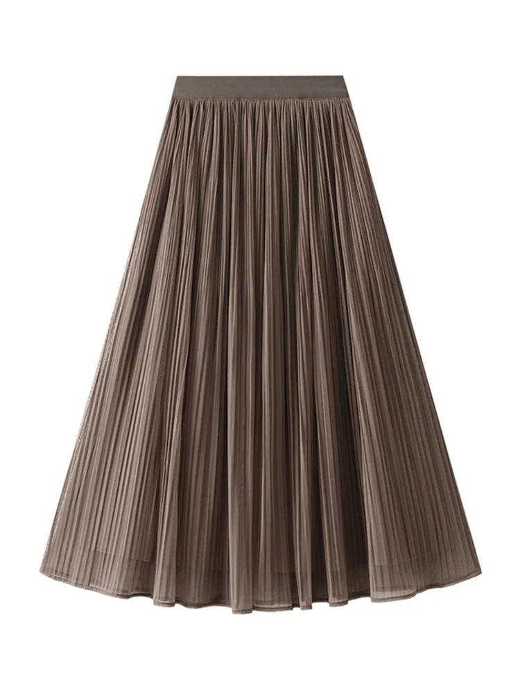 

2024 Fashion Women Mesh High Waist Halfskirt Autumn Winter New Covering Crotch Pleated Mid Length Large Swing A-line Yarn Skirts