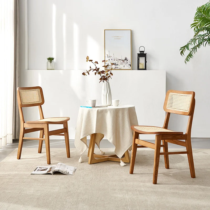 

Simple Solid Wood Dining Chair Ins Dining Room Chairs Home Leisure Chair Backrest Japanese Rattan Potato Chip Chair