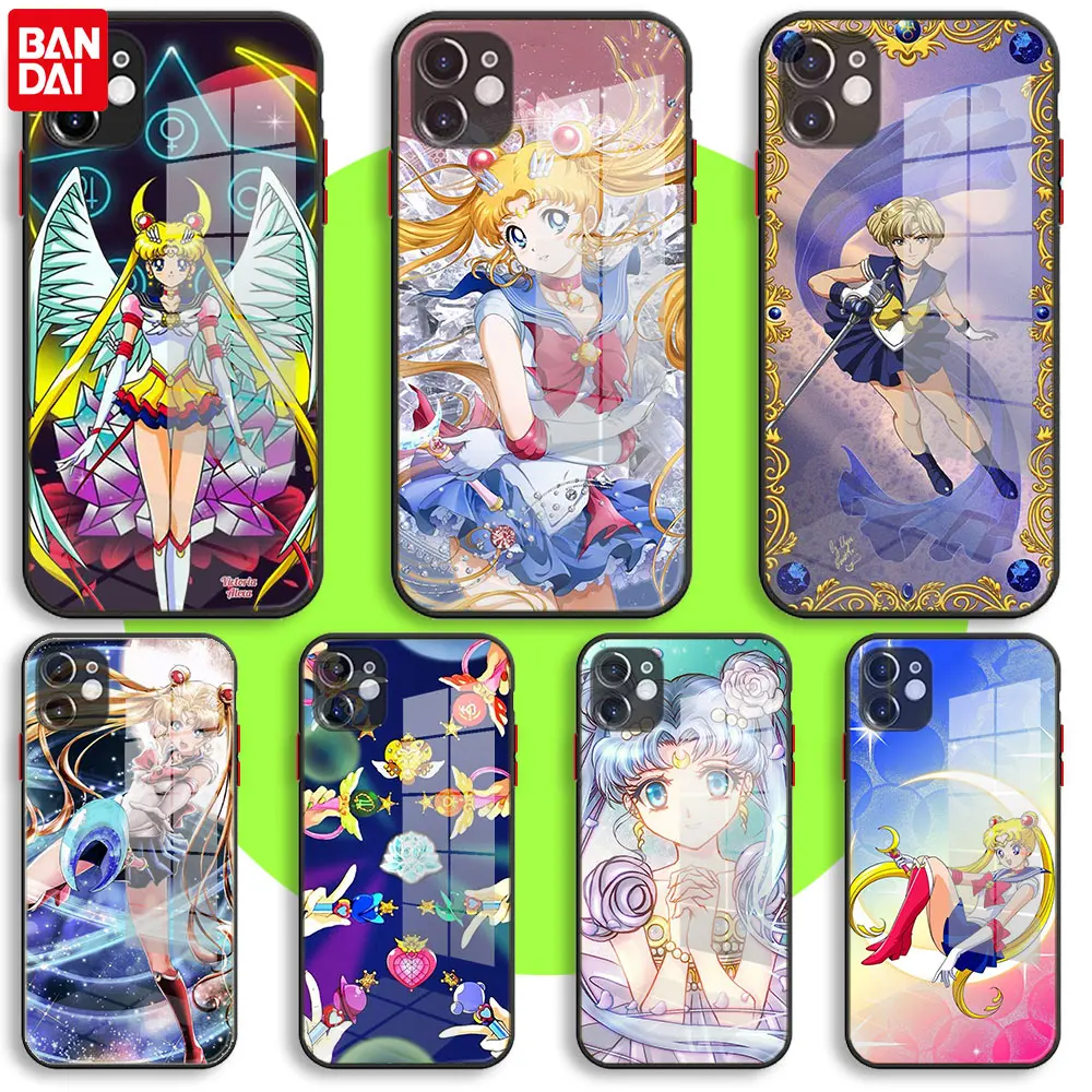 

BANDAI Black Soft Glass Case For iPhone 13 11 12 Mini Pro Max XS XR X 7 8 6 Plus SE2 Silicone Cover Cute girl Sailor Moon Anime