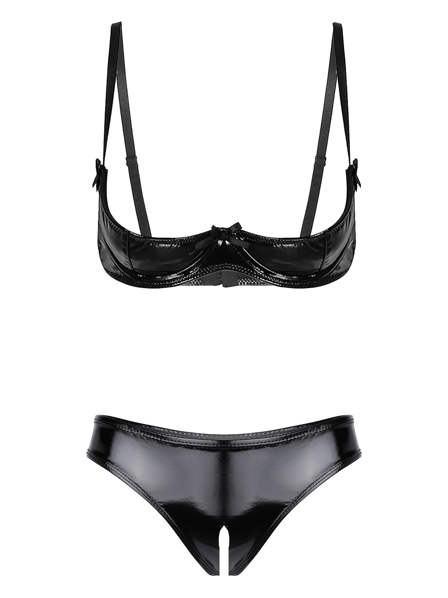 

Womens Glossy Patent Leather Lingerie Set Underwear Adjustable Straps Underwired Bra with Open Crotch Briefs