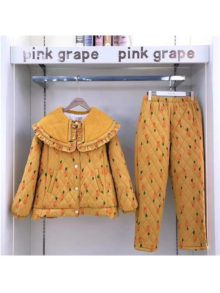 Зимние женские пижамы розового винограда с принтом свободные трехслойные