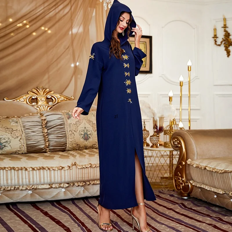Women's Robe Tibetan Blue Handmade Diamond Hooded Dress Muslim Maxi Dress 2022 New Kaftan Abayas Djellaba Moroccan Vestidos