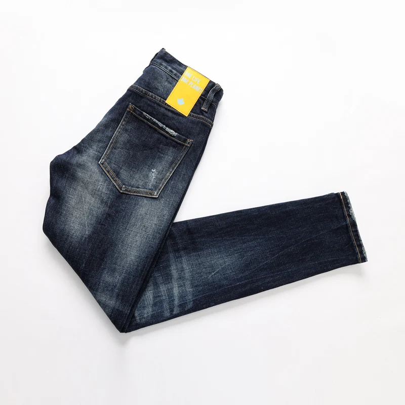 Street Fashion Men Jeans Retro Blue Elastic Slim Fit Ripped Jeans Men Trousers High Quality Vintage Designer Brand Pants Hombre