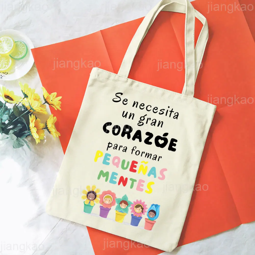 It's Takes A Big Heart To Shape Little Minds Spanish Print Shoulder Bag Female Shopping Tote Travel Handbag Bookbag Teacher Gift images - 6