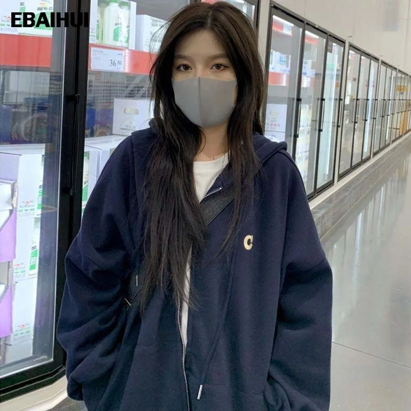 

EBAIHUI Hoodies Women Solid Autumn and Winter Clothes Women Oversize Loose Monogram Embroidered Zip Up Hoodie for Office Lady
