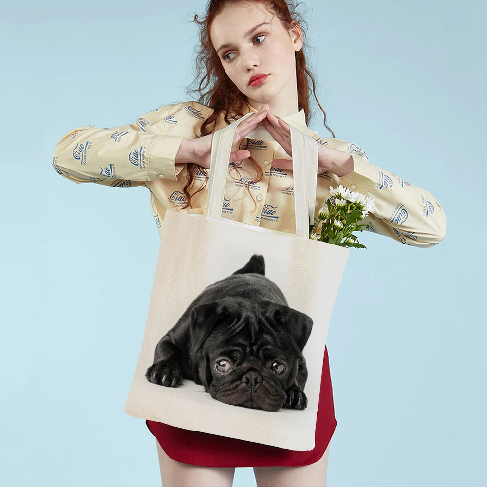 

Casual Pug Dog Shopping Shoulder Bag for Women Pet Animal Foldable Reusable Fashion Lady Canvas Travel Tote Handbag
