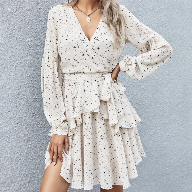 

Polka Dot Dresses for Women V-neck Belt Early Autumn Elegant 2022 New Fairy Asymmetric Skirt Office Lady Wearing