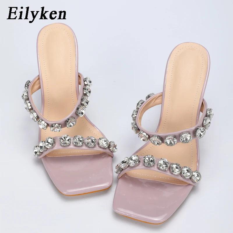 

Eilyken New Design Purple Square Toe High heels Slippers Sandals Fashion Crystal Diamond Woman Summer Slides shoes