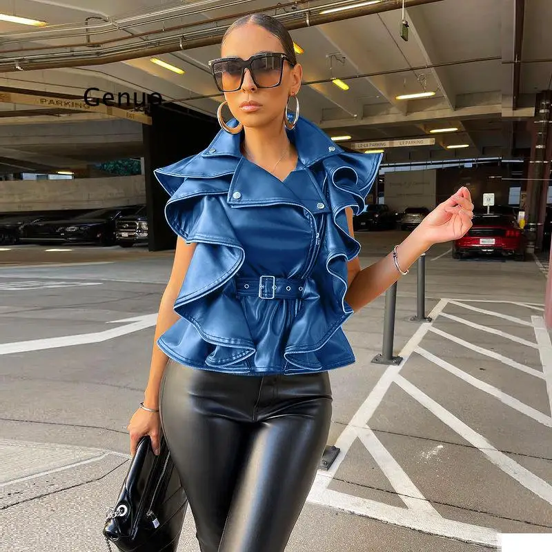 

2022 Spring Women Of Quality High-end PU Leather Solid Young Office Lady Fashion Casual Tank Sleeve Women High Waist Luxury
