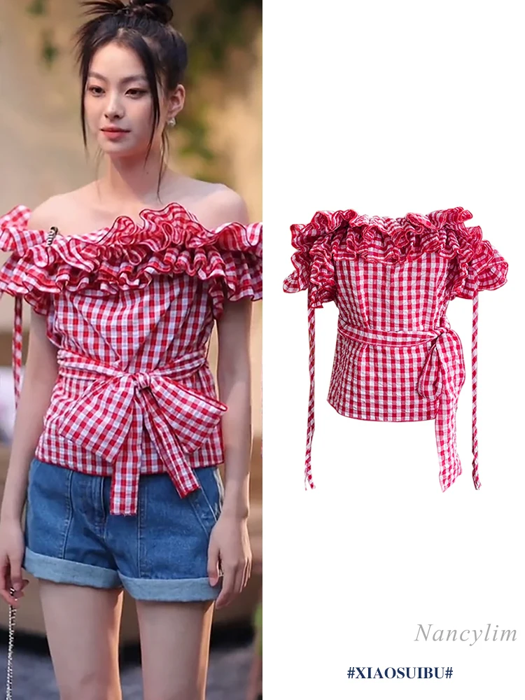 

Red Plaid Shirts 2022 Summer Women's Clothing Ruffled Off-Shoulder Top Sweet Blouses Femme