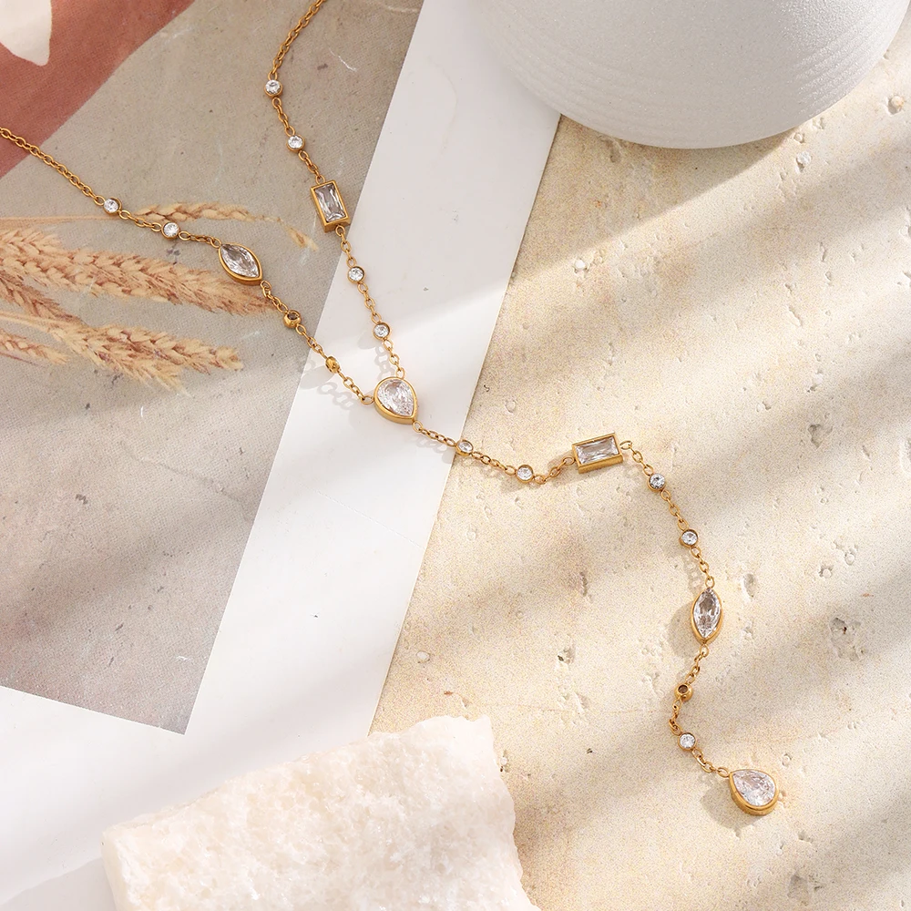 Фото Колье E.B.belle Minimalist Multi Shape CZ с подвеской, гипоаллергенное, из нержавеющей стали с покрытием из 18-каратного золота, модное женское украшение №5