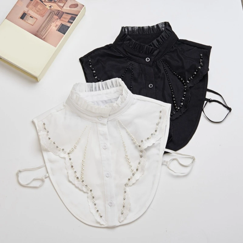 Съемный искусственный воротник вставка со стразами жемчугом расшитый бисером с