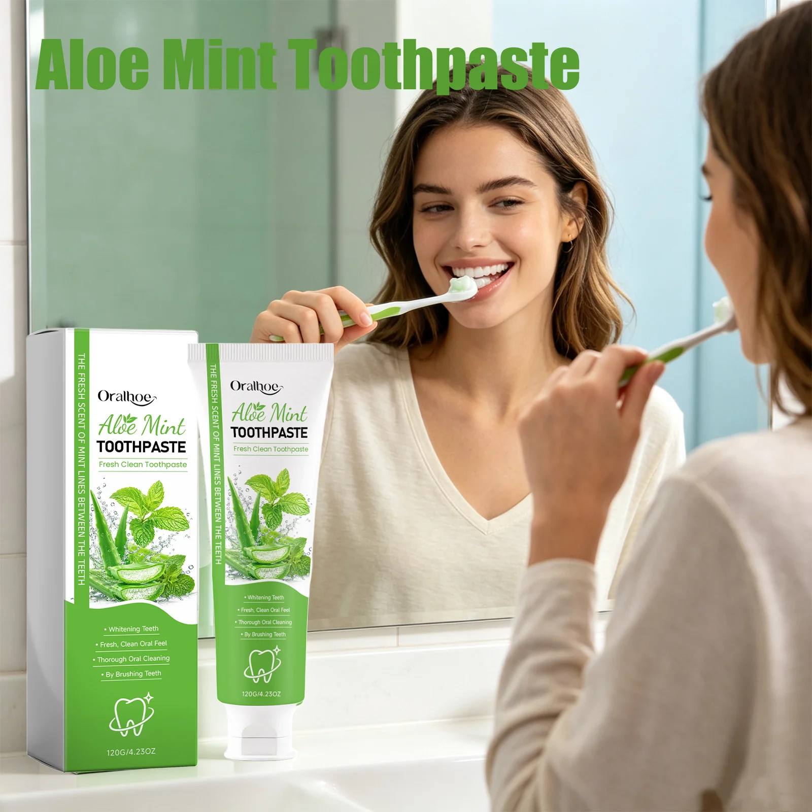 Фото Зубная паста Oralhoe с алоэ и мятой для удаления поверхностных пятен, глубокой очистки, обильной пены, нежной формулы на растительной основе, отбеливающая, с мятой. №2