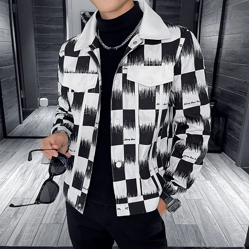 

Корейская мода, клетчатые кожаные куртки для мужчин, Повседневная Деловая мотоциклетная куртка, уличная одежда, Socia, приталенное пальто из искусственной кожи, мужская одежда 2022