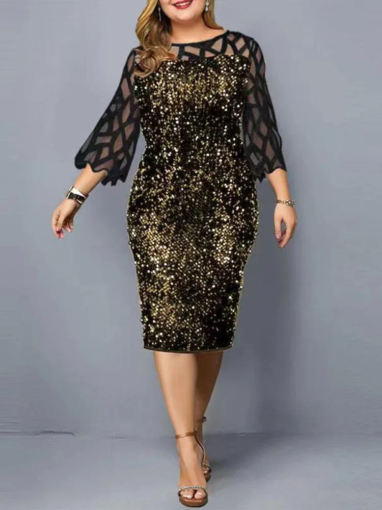 Party Dress Plus Size Ladies Midi Sequin Mesh Long Sleeve Lace Elegant Bodycon XL-4XL 5XL Evening Dresses For Women Summer 2022
