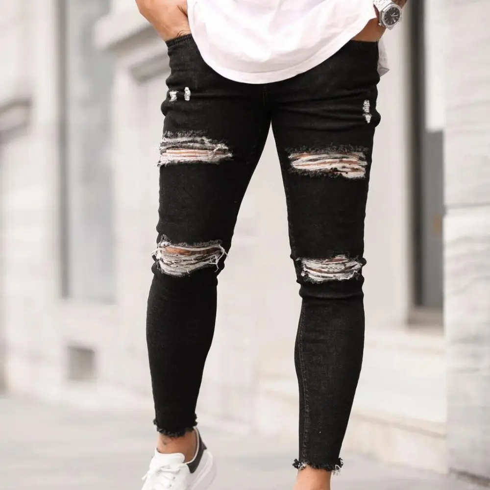 

2022 Stretch Skinny Jeans Fall Summer Solid Color Black Blue Hip Hop Style Slim Pants Men's Jeans Knee Ripped Pants S-3XL