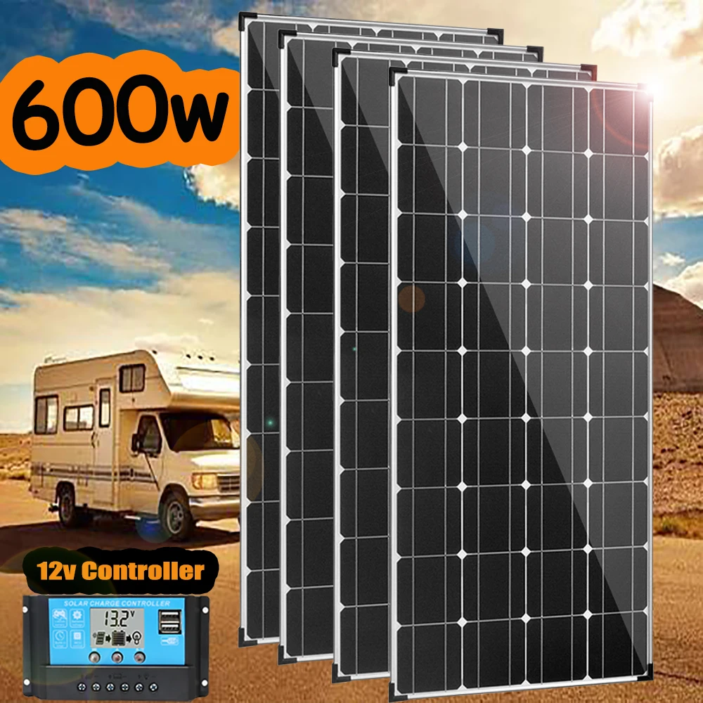 

600w 450w 300w 150w Solar Panel Kit Complete with Aluminum Frame 12V Battery Charger System for Home Car Boat RV Camper Outdoor