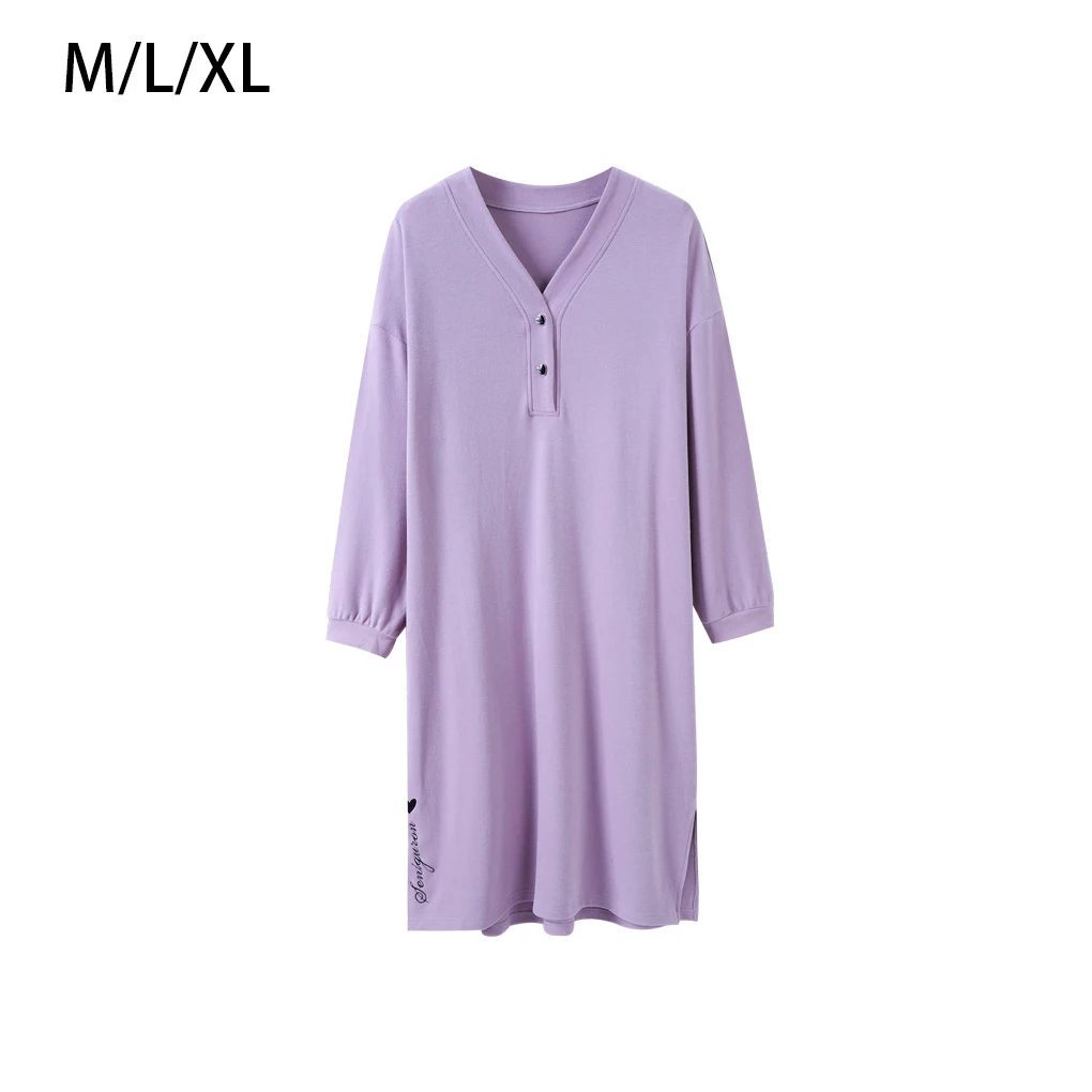 

Plain Nightdress Long Sleeve Pockets Cozy Nightwear Adjustable Sleepwear Sleeping Dress Elastic V-Neck Pajama XL