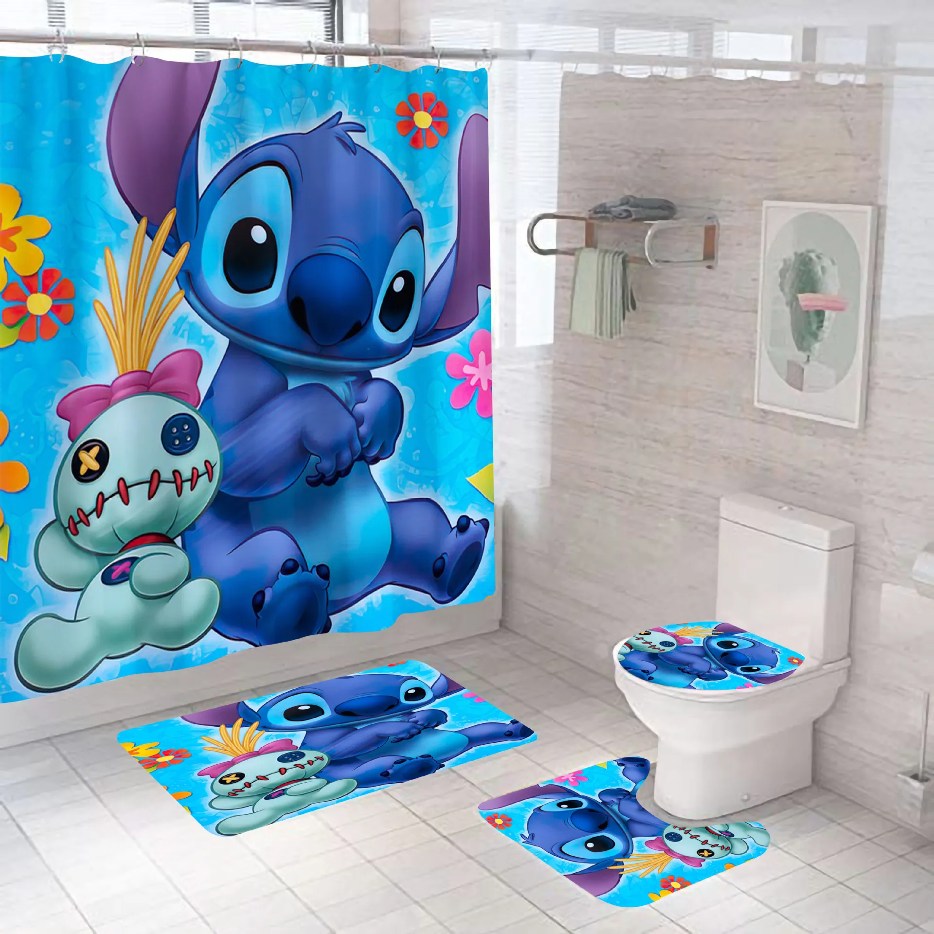 

4pcs/set 3D Cartoon Stitch Bathroom Anti-slip Mat Set Durable Waterproof Shower CurtainSet Base Carpet Cover Toilet Seat Bathtub