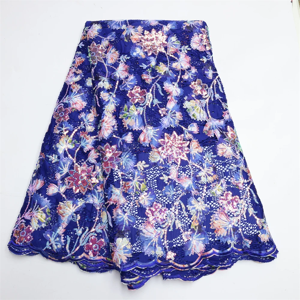 

African French Flocking Velvet Lace Fabric 5 Yards 2022 High Quality Sequins Embroidery Nigerian Lace Material Wedding LY1480