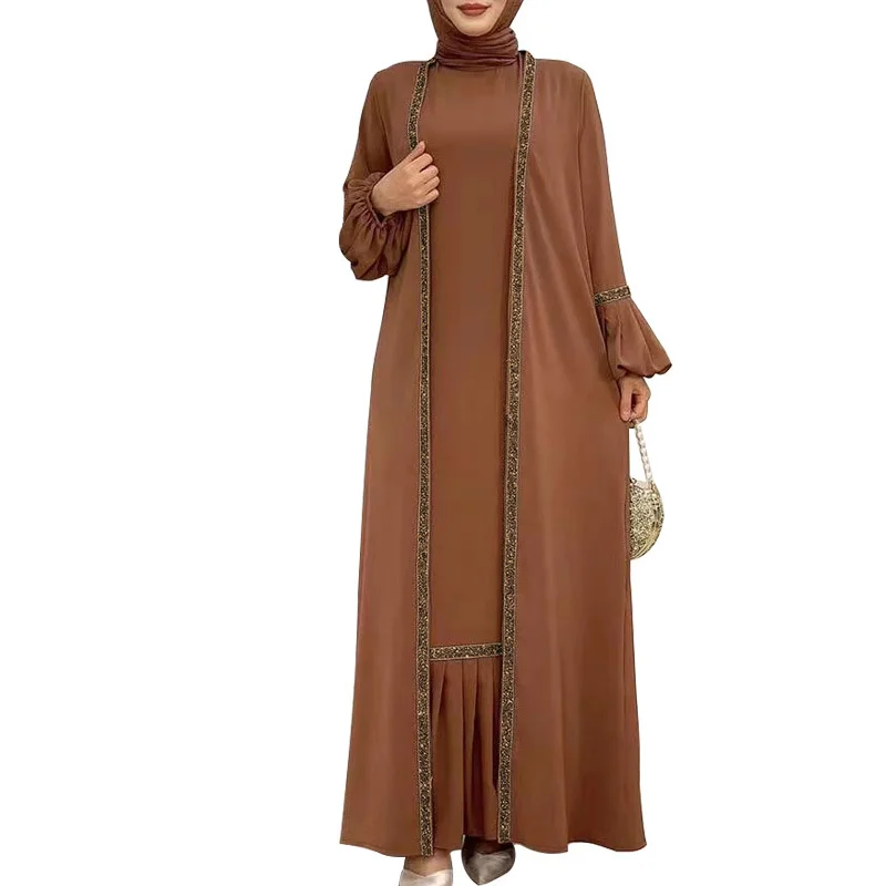 Muslim Middle East Women Vintage Dress Two Piece Set Long Sleeves Coat Sequins Cardigan And Dress Pleat Bottom Gowns Dubai Abaya