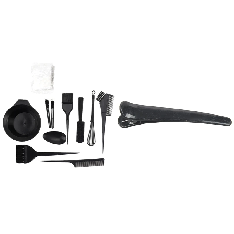 

10 Pcs Black Plastic Hair Clip 3.1Inch Long With 12PCS Hair Color Dye Bowl Comb Brushes Tool Kit Set