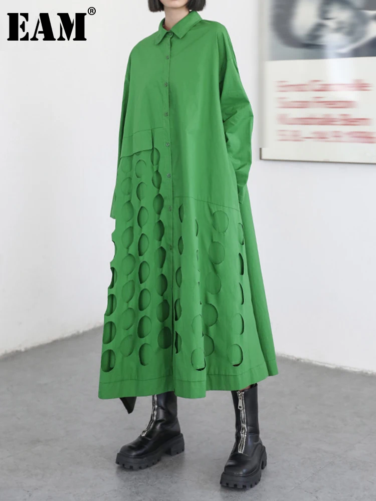 [EAM] женское зеленое асимметричное платье-рубашка большого размера новое