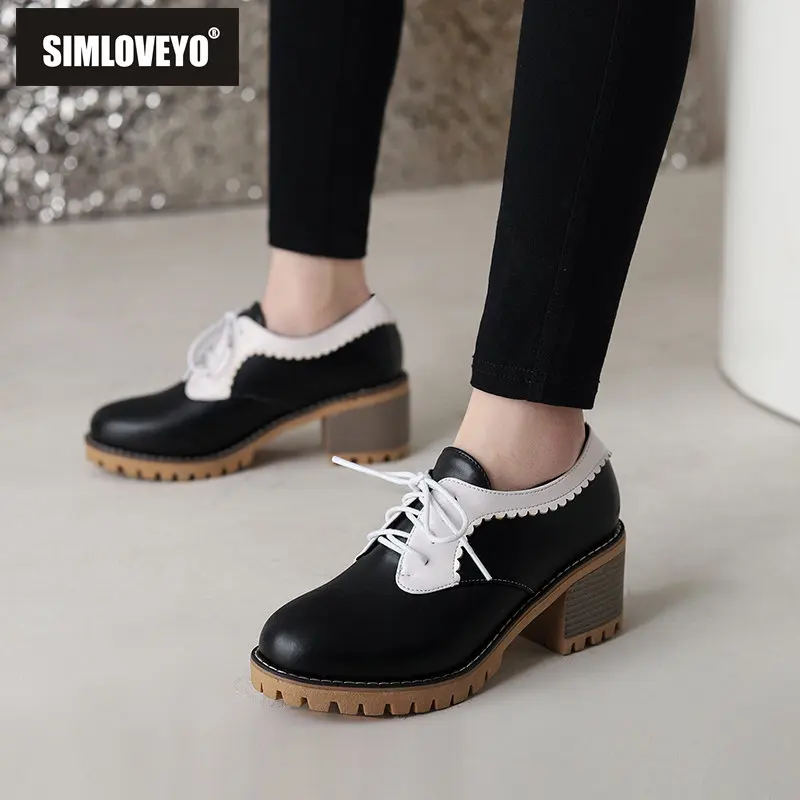 

Женские повседневные туфли SIMLOVEYO, туфли-лодочки с круглым носком на массивном каблуке 6 см, на шнуровке, большой размер 40, 41, 42, 43, мягкие туфли разных цветов