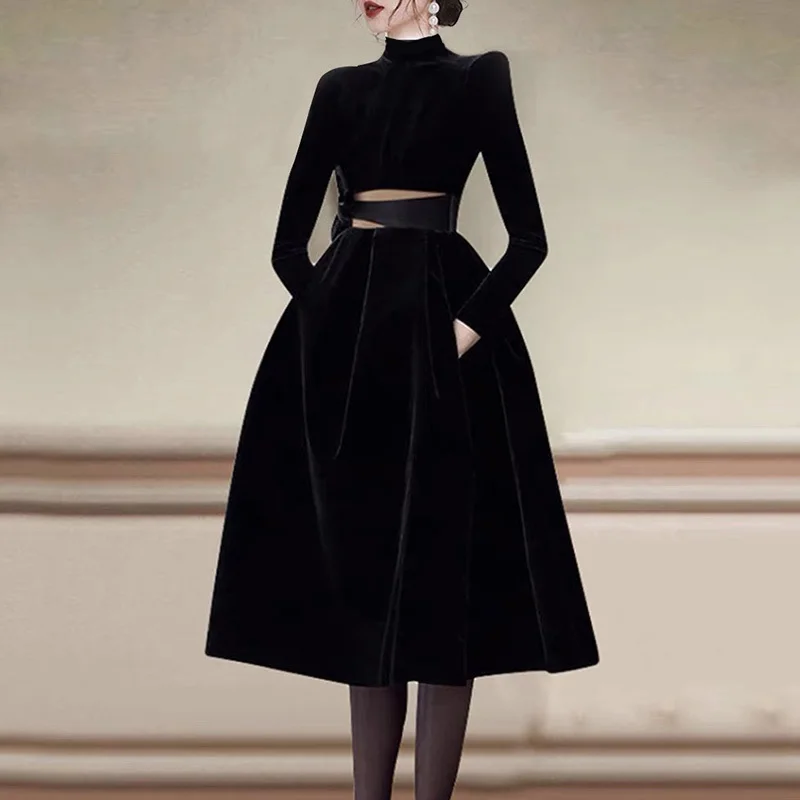 

Fashion Black Velvet Stitching Big Hem And Fluffy Dresses Women 2022Autumn Vintage Turtleneck Long Sleeve Waist Bow Party Dress