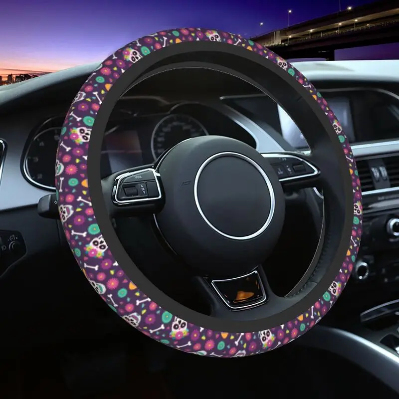

Day Of The Dead Sugar Skulls Flower Steering Wheel Covers 37-38cm Girls Steering Wheel Protector Fit for SUV Car Accessories