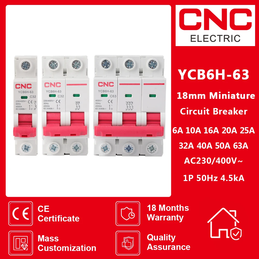 

CNC YCB6H-63 1P/2P/3P Miniature Circuit Breaker MCB Din Rail Mount Breaking Capacity 6A/10A/16A/20A/25A/32A/40A/50A/63A