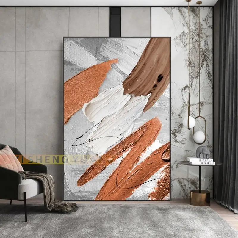 

Modern Hand-painted Abstract Oil Painting Orange Coffee Color Thick Texture Wall Art On Canvas Home Decor Hotel Mural Frameless