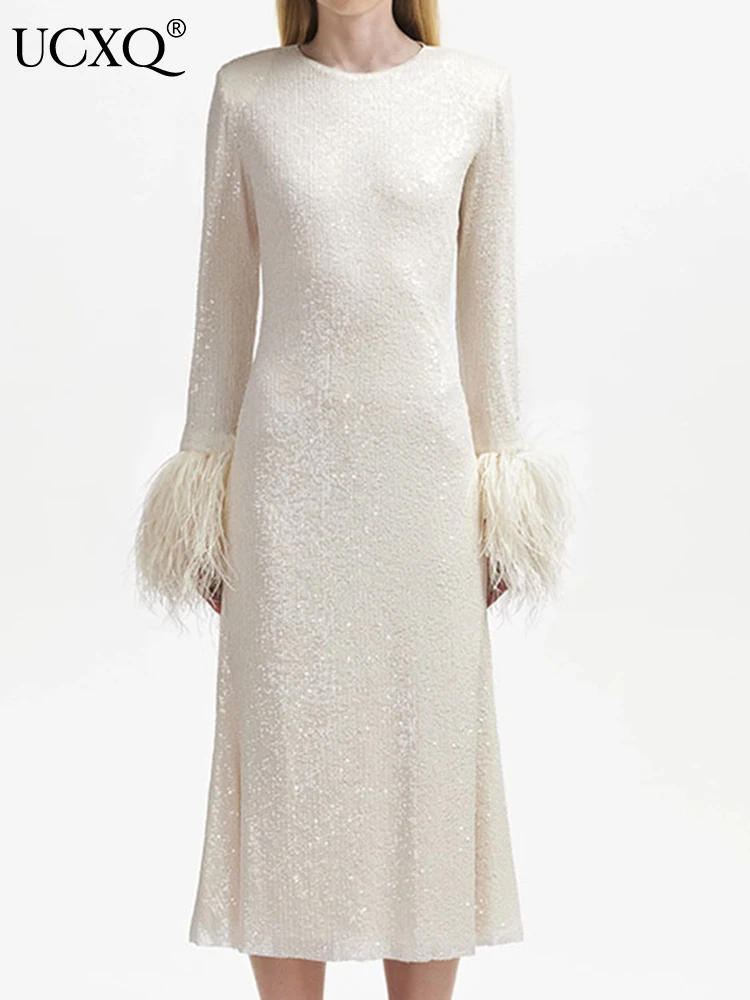 

Элегантное женское облегающее вечернее платье UCXQ с пэчворком, круглым вырезом и перьями, 23A4759, осень 2023