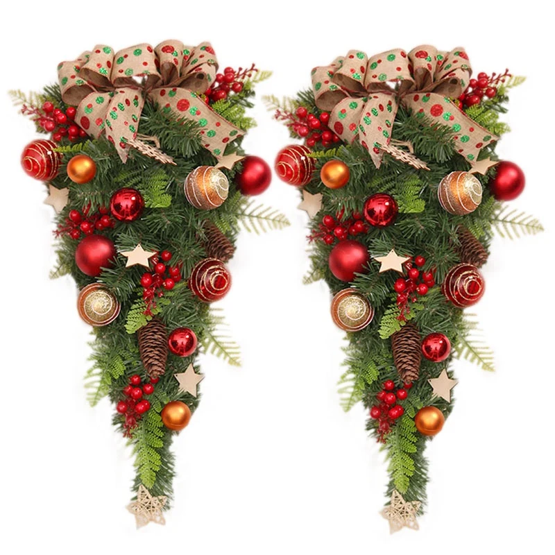 

2Pcs 23.6 Inch Farmhouse Artificial Christmas Teardrop Swag Door Swag Decoration With Berry,Pine Cone