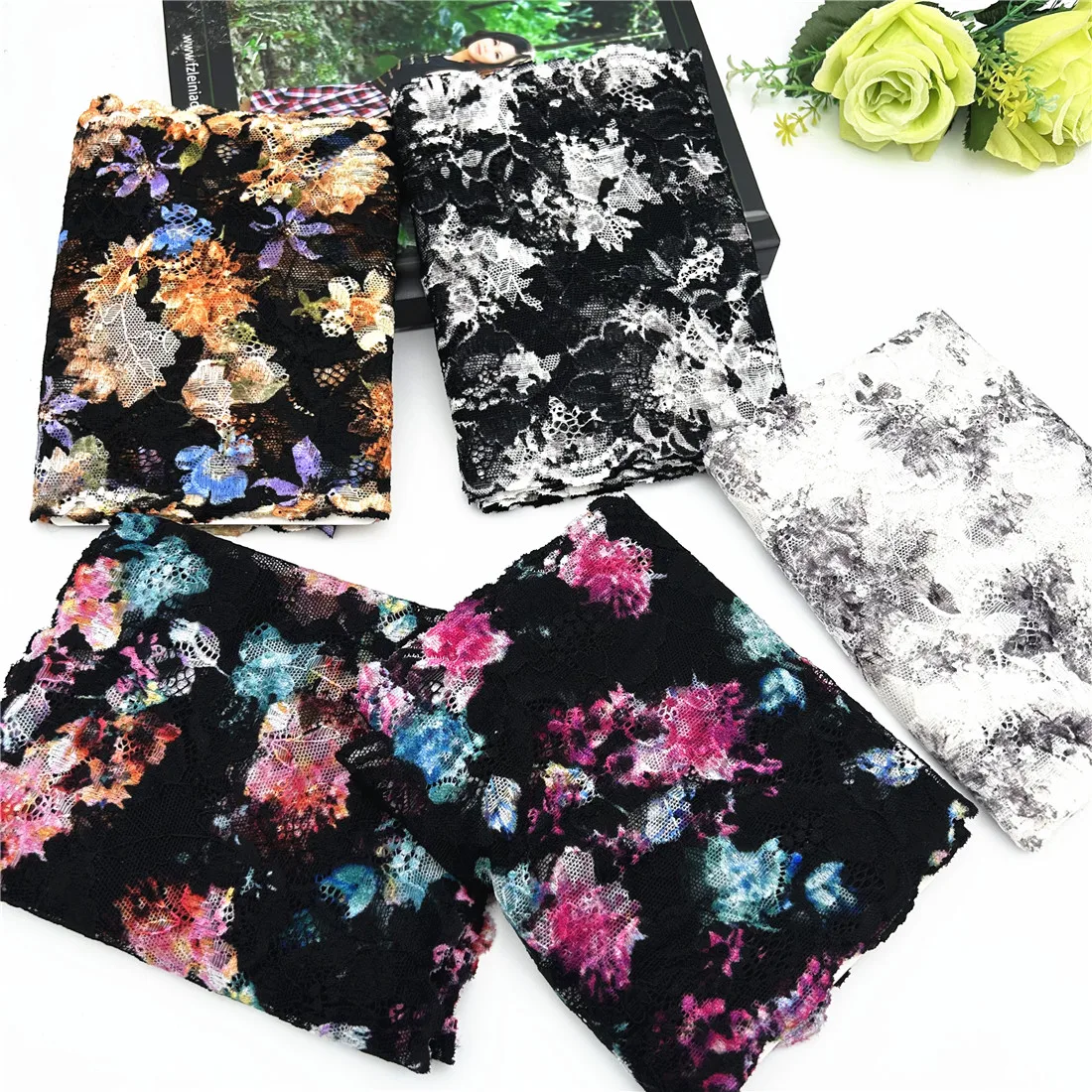 3 Ярд/партия, ширина 18 см, Смешанная черная эластичная кружевная бейка с цветочным рисунком для аксессуаров для одежды, шитье платьев, коричная кружевная ткань