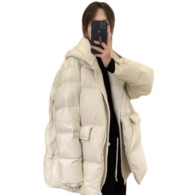 New Fall and Winter Hooded Down Jacket Women's Loose White Eiderdown Thick Warm Knit Scarf Hat Wear Versatile Down Jacket