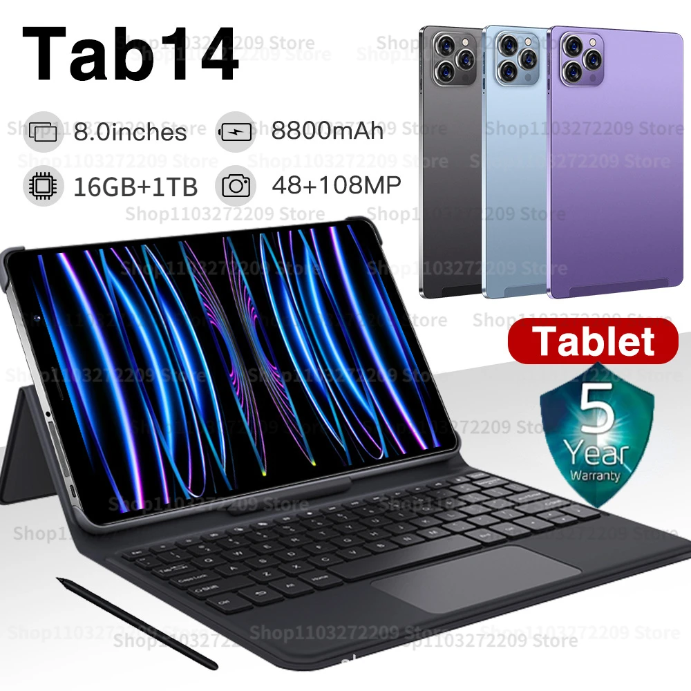 

Original Gobal Version Tab14 Tablet Pc 8 Inch Android 12 Bluetooth 16GB 1TB Deca Core Google Play WPS 5G WIFI Hot Sales Laptop