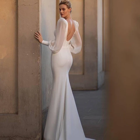 UZN Elegant Elegant Mermaid Wedding Dresses Puff Sleeve Beadings Bridal Gowns Boho Beach V-neck Wedding Prom Gowns Custom Size