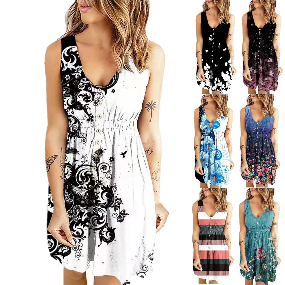 

2023 Summer New Women's Printed Button Casual Loose Tank Top Dress