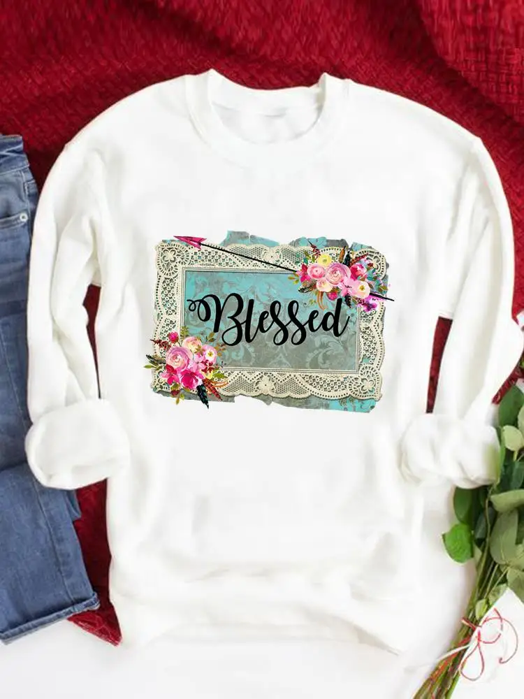 

Vintage Flower Faith Trend Women Autumn Spring Clothes Print Pullovers O-neck Fashion Clothing Casual Graphic Sweatshirts