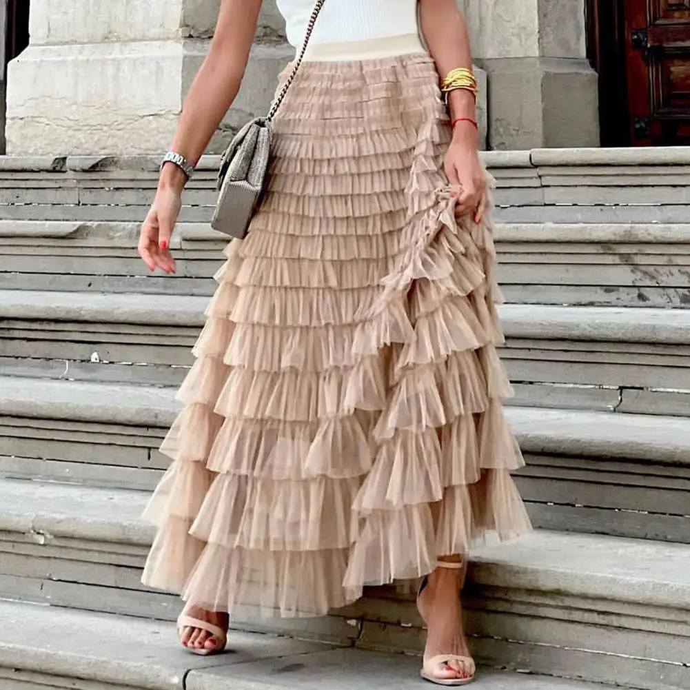 

Beautiful Office Skirt Elastic Waist Lightweight Maxi Skirt Elegant Solid Color Cake Party Skirt