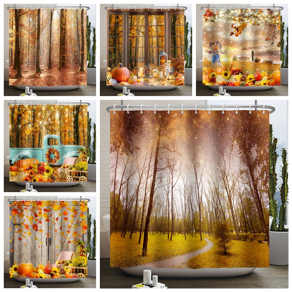 

Autumn Scene Fallen Leaves Shower Curtain Fall Forest Maple Pumpkin Thanksgiving Harvest Farmhouse Bathroom Curtain Waterproof