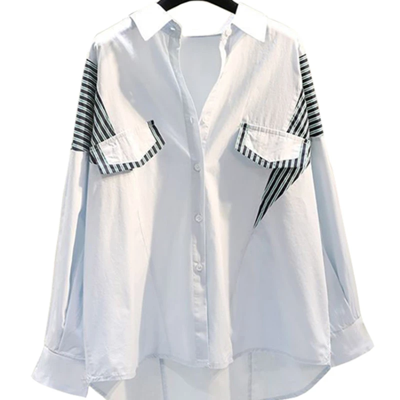 

Koreaanse Losse Witte Vrouwen Blouses 2022 Lente Zomer Nieuwe Gestreepte Patchwork Vrouwen Shirt Turn Down Kraag Blusas